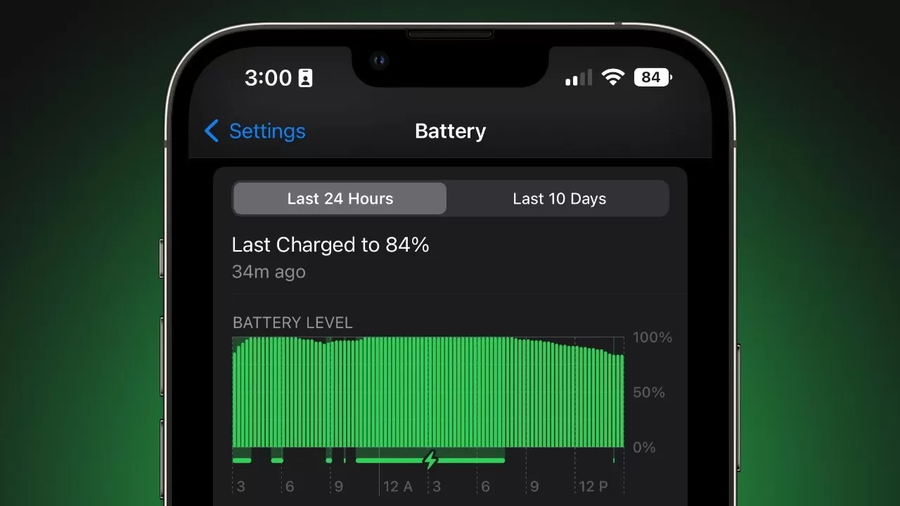 iPhone battery settings screen showing battery level graph over the last 24 hours, with last charge to 84 percent, dark theme interface, and status bar time reading 3:00 PM