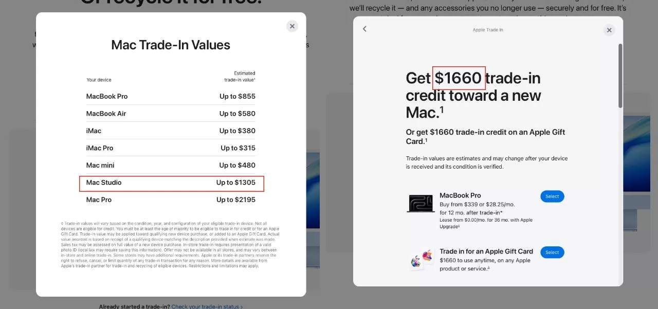 Screenshot of Apple website comparing Mac tradein values, highlighting Mac Studio up to 1100 dollars, alongside promotion offering up to 1660 dollars tradein credit toward purchasing a new Mac