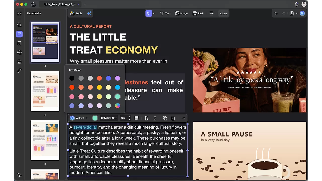 Computer screen showing a colorful document editor with slide thumbnails, text titled THE LITTLE TREAT ECONOMY, a color palette menu, and photos of dessert drinks and a coffee cup illustration