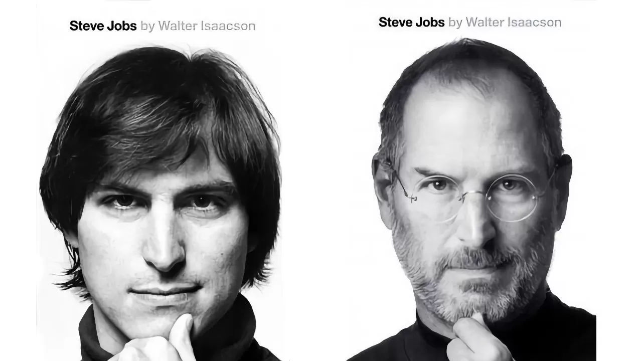 Two black and white portraits of Steve Jobs side by side, younger on the left and older on the right, both resting their chin on a hand, with book title text above.