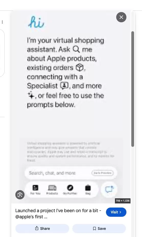 Phone screen showing a virtual Apple shopping assistant welcome message with icons, search bar, and prompt buttons for products, existing orders, connecting with a specialist, and exploring more options