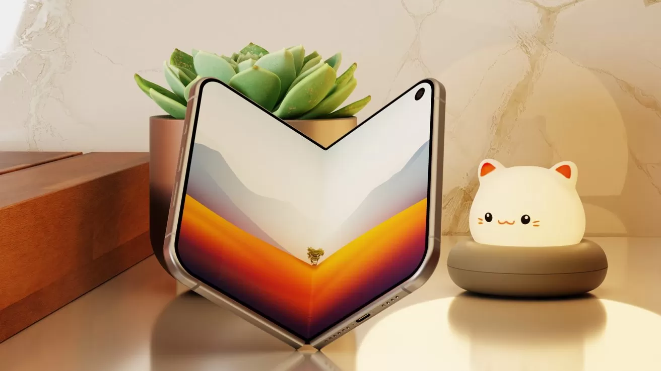 Foldable smartphone forming a V shape on a desk, displaying a colorful mountain landscape, with a green succulent plant and a glowing cat-shaped night light in the background