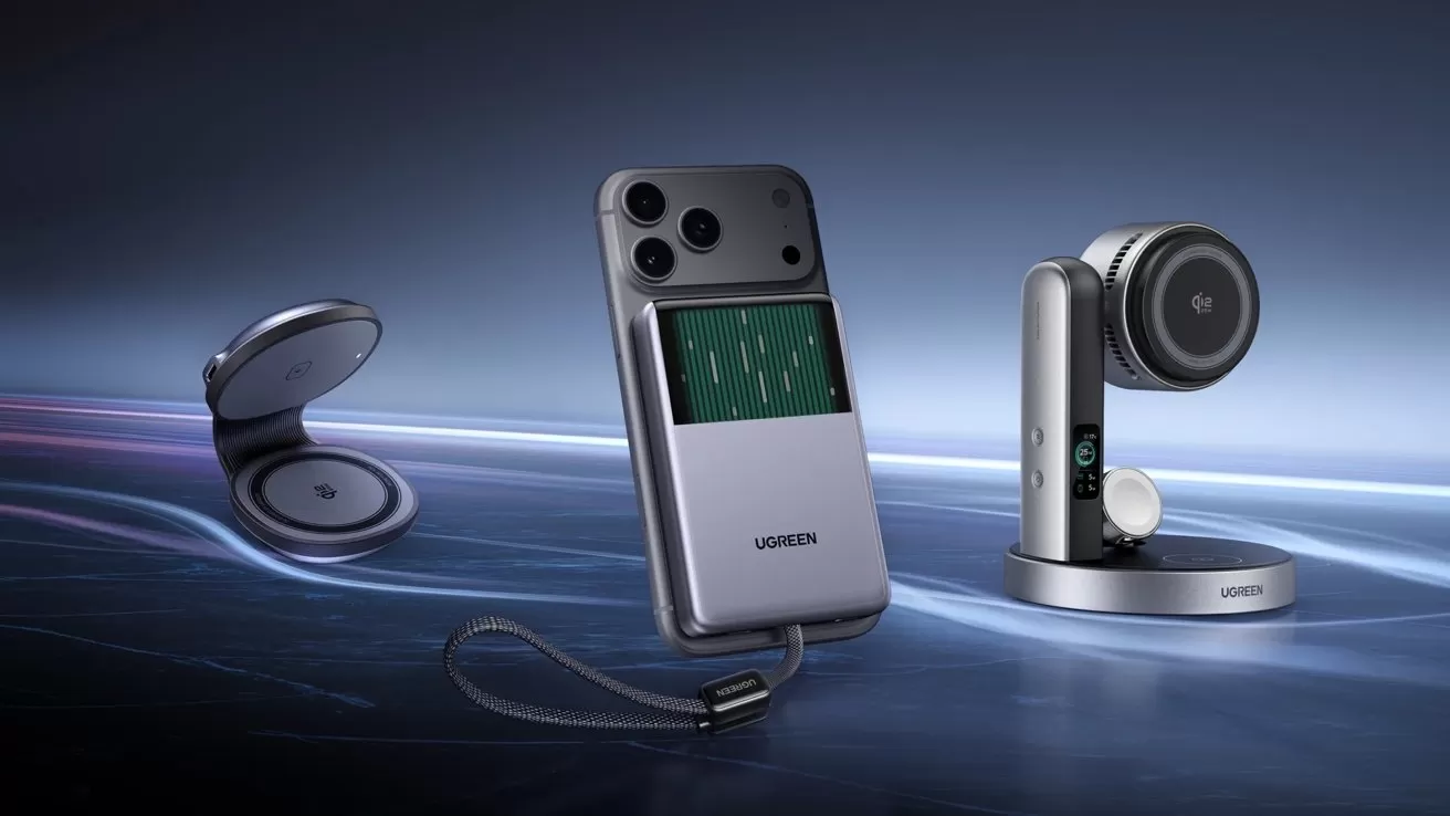 Three sleek silver tech gadgets on a futuristic background, including a foldable compact, a smartphone-style device with cameras and screen, and a vertical stand holding a circular smart accessory.