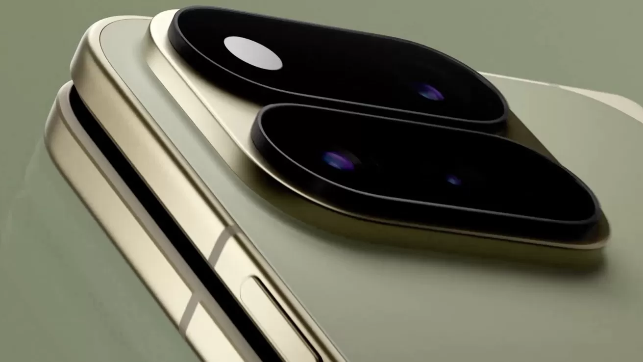 Close-up of a modern smartphone's dual rear camera module with two large black lenses and metallic gold edges on a sleek, light green body
